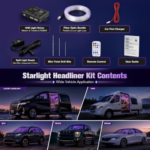CHINLY 1000Pcs Split Starlight Headliner Kit, 4 Light Heads 0.02in 4.92ft RGBW Star Lights for Car, 16W Starlight Kit APP/Remote Control, Flexible Wiring for Car Roof Ceiling - size: Standard+1000pcs*0.02in*4.92ft