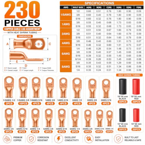 mankk Heavy Duty Crimper Tool Kit, Bare Copper Lugs AWG8-1/0 - color: Hx-50b Crimper + 230pcs Lugs + Cutter