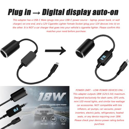 USB-C to 12V Cigarette Lighter Adapter, Car Charger