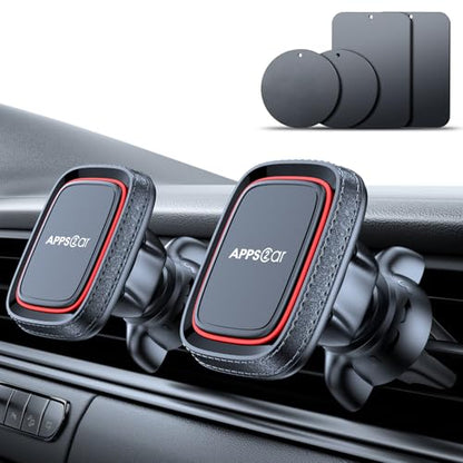 APPS2Car 2 Pack Magnetic Phone Car Mount, Car Phone Holder Mount Magnetic, Built in 6 Strong Magnets, Air Vent Cell Phone Holder for Car with Adjustable Secure Tightening System - color: Black-Red