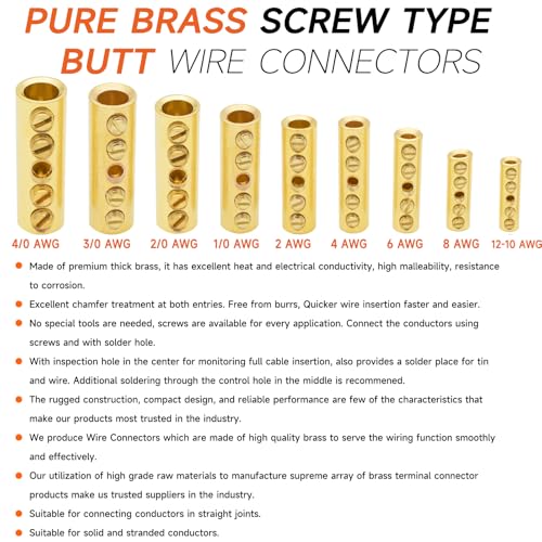 4 Gauge Wire Butt Connectors 6 PCS Brass Mechanical Butt Splice Connectors Kit 4 AWG Mechanical Repair Splice Kit Splice Screw Sleeves 6 PCS Mechanical Splices & 3:1 Heat Shrink Tubes - color: Bare Brass