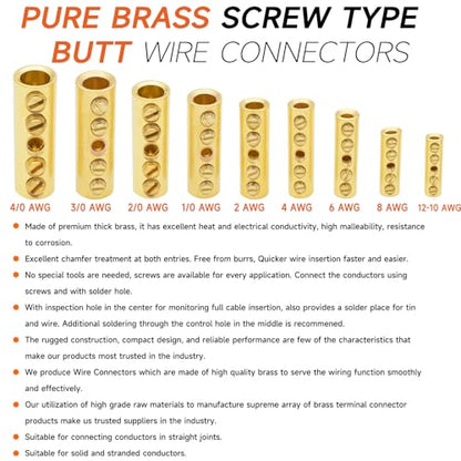4 Gauge Wire Butt Connectors 6 PCS Brass Mechanical Butt Splice Connectors Kit 4 AWG Mechanical Repair Splice Kit Splice Screw Sleeves 6 PCS Mechanical Splices & 3:1 Heat Shrink Tubes - color: Bare Brass