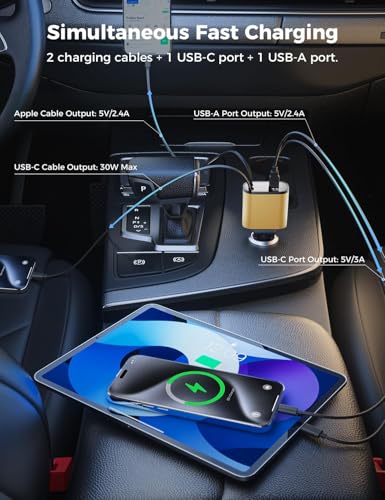 [Upgraded] SUPERONE Retractable Car Charger 4 in 1 Fast Phone Charger, Gold - color: Gold
