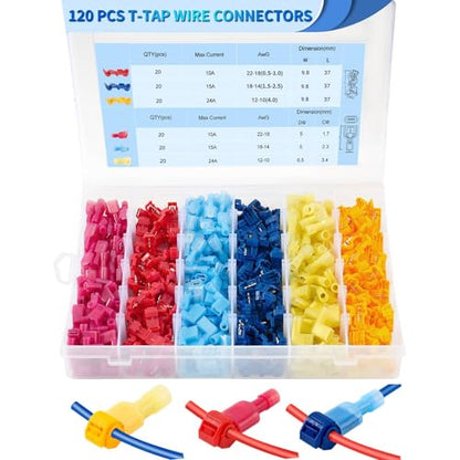 Lenporl 120 Pcs/60 Pairs T-Tap Wire Connectors, Insulated Male Wire Tap Connectors, Self-Stripping Quick Splice Electrical Terminals for 22-10 AWG Gauge Wiring，Automotive Wiring