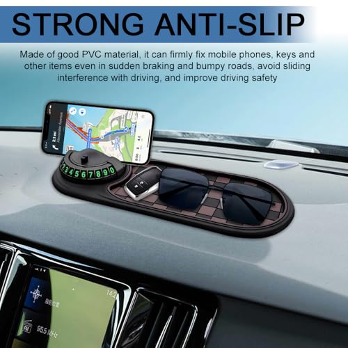Multifunction Car Anti-Slip Mat, Car Anti Slip Mat Phone Holder, Dashboard Mobile Phone Holder with Temporary Parking Number, Rotatable Dashboard Mat for Sunglasses Keys Gadgets (Brown+Black) - color: Brown+Black