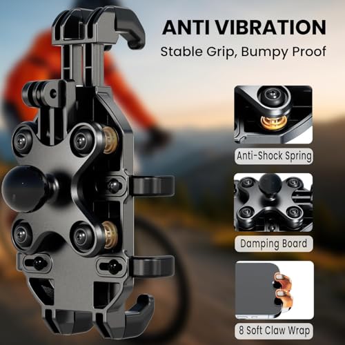 Motorcycle Phone Mount Holder with Vibration Dampener Anti-Shake 720° Adjustable for iPhone 16 Pro Max for Samsung 5.4''-6.9'' Phone Anti-Theft Dirt Bikes(Clamp Base 0.47-1.77" Handlebar) - style: Clamp Base