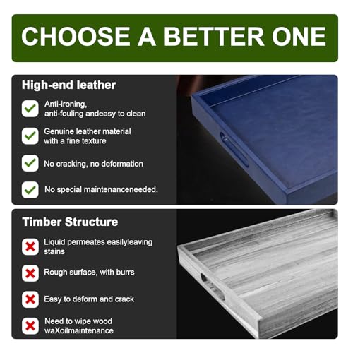 18 x 12 inches Leather Ottoman Serving Tray with Hole Handles, Rectangle Modern Service Tray for Living Room, Coffee Table, Bed, Tea, Food, Butler Countertop, Kitchen, Dinner, Picnic (Blue) - color: Blue, size: 18" x 12" x 2"