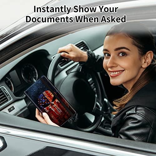 Car Registration and Insurance Card Holder, Premium Leather Vehicle Wallet Cover for Glove Box Car Organizer Drivers License/Cards/ID - Essentials Document Holder, Death Skull American Flag - color: Death Skull American Flag