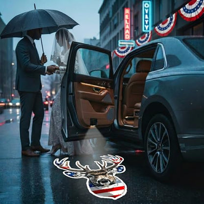 2Pcs Car Door Lights Projector,Flag Deer Wireless Welcome Ghost Shadow Lamp - color: American Flag Deer