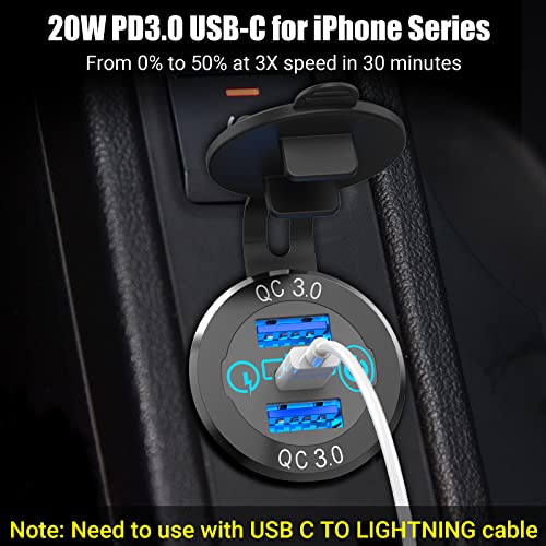 12V USB C Car Charger Socket 2 Pack, Qidoe 56W Aluminum Socket 12V USB Outlet 20W PD3.0 USB-C and Dual QC3.0 Ports with Touch Switch Waterproof DIY USB Port for Car Boat RV Motorcycle Truck Golf Cart