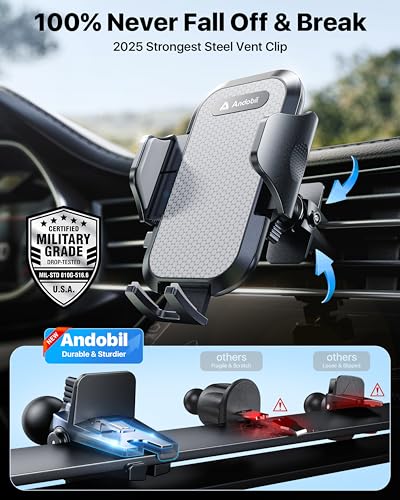 andobil Car Phone Holder, 2026 Military-Grade 89lbs Strongest Suction Phone Holders for Your Car Dashboard/Windshield/Vent Easy Clamp Cellphone Holder Truck Stand for iPhone 17 16 15 Pro Samsung Grey - color: Grey