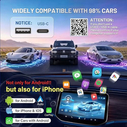 UFO-Shaped Wireless CarPlay Adapter, Plug-and-Play converts Original Wired CarPlay to Wireless. Compatible with iPhone and Android Phones, Equipped with Cool Light Strip, Stable and Durable.