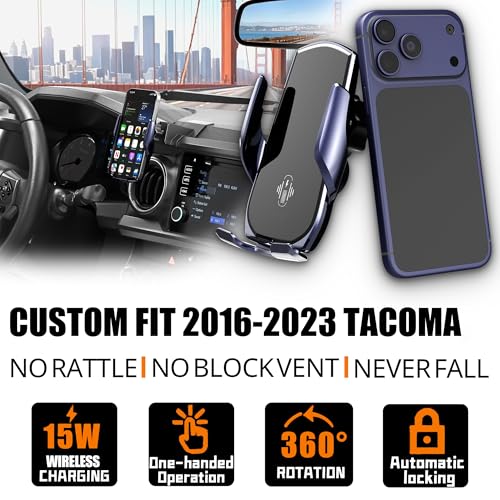 Car Phone Mount for Toyota Tacoma 2016–2023, Smart Auto-Clamping on Custom Dashboard Base, 15W Wireless Fast Charging, 360° Adjustable, Without Blocking Airflow, Toyota Tacoma Essential Accessories - size: for Toyota Tacoma | 2016-2023