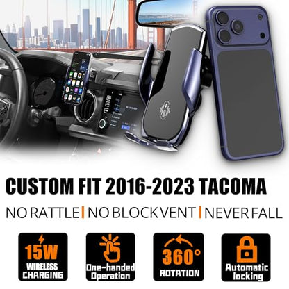 Car Phone Mount for Toyota Tacoma 2016–2023, Smart Auto-Clamping on Custom Dashboard Base, 15W Wireless Fast Charging, 360° Adjustable, Without Blocking Airflow, Toyota Tacoma Essential Accessories - size: for Toyota Tacoma | 2016-2023