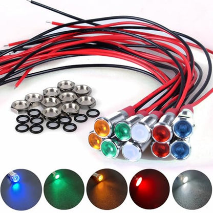 10Pcs 6mm (1/4") LED Indicator Light 12V-24V 20mA Waterproof Metal Wide Flat Head Signal Lamp Pilot Dash Directional with Wire (White Red Yellow Blue Green)*2 - color: Mix, size: 6mm / 12V-24V