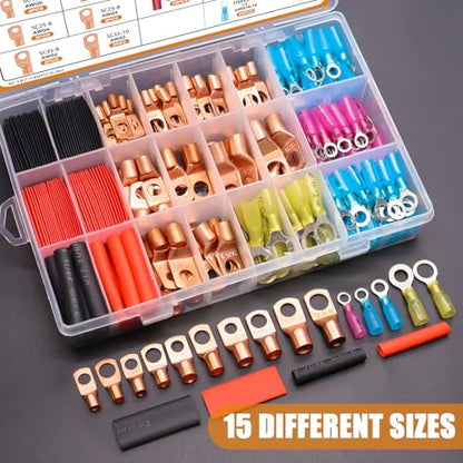 mankk 180PCS Copper Wire Lugs AWG 2 4 6 8 10 12 14 16 Gauge Battery Terminal Connectors Battery Cable Ends Connectors Copper Ring Terminal Kit with Heat Shrink - color: 180PCS