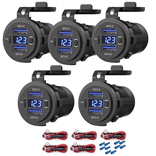 5 Pack 12V USB Outlet, QC3.0 & PD Dual Car Charger with Voltmeter & Switch - color: 2QC+1PD