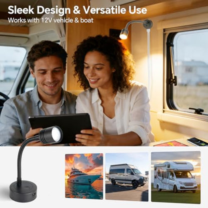 12V Dimmable Reading Light, RV LED Lamp with USB-A & USB-C Charger - color: Black