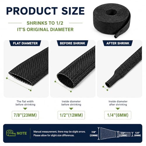 2:1 Heat Shrink Braided Sleeve 1/2 inch 20FT, Automotive Wear-Resistant Fabric Flat Woven Tubing, Flexible Abrasion Protection Sleeving for Wiring Harness, Cable Sheath, Wires & Hoses Protection - size: 12mm-1/2" I.D x 20FT