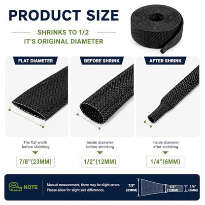 2:1 Heat Shrink Braided Sleeve 1/2 inch 20FT, Automotive Wear-Resistant Fabric Flat Woven Tubing, Flexible Abrasion Protection Sleeving for Wiring Harness, Cable Sheath, Wires & Hoses Protection - size: 12mm-1/2" I.D x 20FT