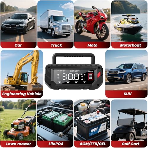 30 Amp 6V/12V/24V Smart Trickle Charger, Car Battery Charger, Lithium, Lifepo4, Lead Acid (AGM/Gel/SLA) Automatic Battery Maintainer, Battery Desulfator for Boat, Motorcycle, Lawn Mowers - size: 6V/12V/24V