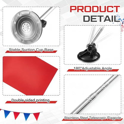 2 Pack Suction Cup Car Flag Pole Kit with Double Sided Red Flag, Adjustable 180° 1.5-5.25 ft Stainless Steel Telescopic Flagpole Holders, Strong Vehicle Mount for Trucks, Cars, Rvs, Boat - style: Red Flag