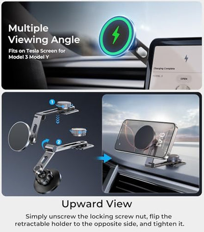 Tesla Phone Mount Qi2 Charger for iPhone MagSafe 【Hidden Foldable Design】 15W Wireless Charging, Universal Car Magnetic Dashboard Phone Holder, Tesla Model 3/Y/Cybertruck Accessories