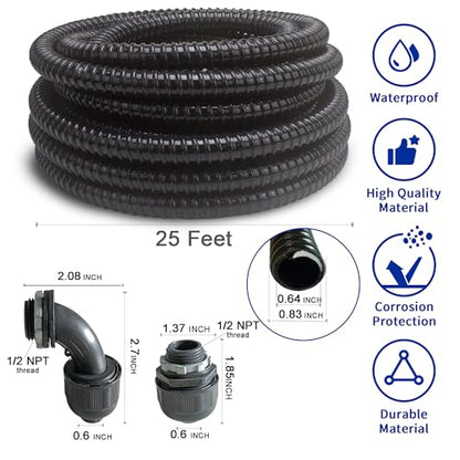(1/2" Dia * 25 Feet) Yariwiz Black Special Extra Flexible Electrical Conduit Liquid Tight PVC Conduit Kit with 3 PCS Coupling, 3 PCS Elbow and 7 PCS Strap, Sealtight Seal Flex Liquidtight Wire - style: 1/2 inch-25ft-Kit