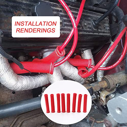 JDMSPEED 8PCS Red 1200° Spark Plug Wire Boots Heat Shield Protector Sleeve Cover Replacement for SBC BBC 350 454 6 Inch - color: Red