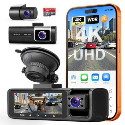 3 Channel 5G WiFi Dash Cam, 4K+1080P+1080P Dash Cam Front and Rear with 64GB Card, Dash Camera for Car with HDR IR Night Vision, G-Sensor, 24/7 Parking Mode, WDR, Support 128GB Max - Silver