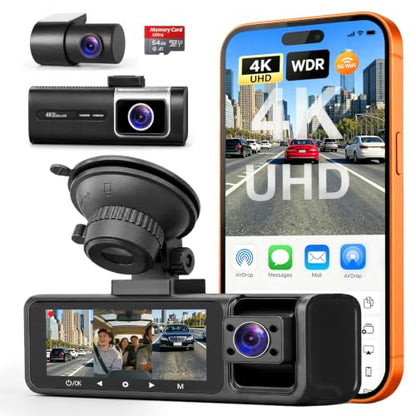 3 Channel 5G WiFi Dash Cam, 4K+1080P+1080P Dash Cam Front and Rear with 64GB Card, Dash Camera for Car with HDR IR Night Vision, G-Sensor, 24/7 Parking Mode, WDR, Support 128GB Max - Silver
