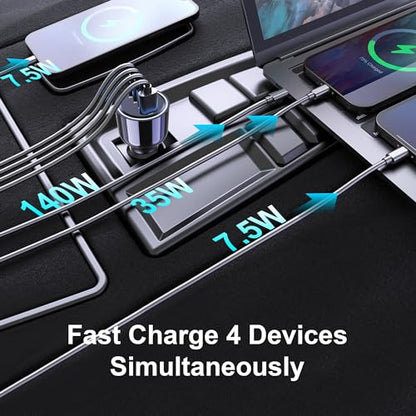 240W USB C Car Charger, Super Fast Charging 4-Ports PD3.1 140W/PD3.0 100W PPS 45W QC65W Type-C Car Adapter for MacBook Pro Laptop iPhone 16 15 Max iPad Samsung Galaxy S24/23 Pixel etc
