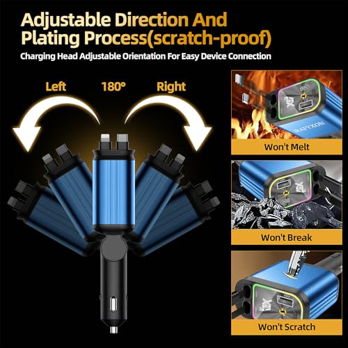 Retractable Car Charger with 31-Inch Cables 4 in 1 Fast Car Charger USB C Car Adapter with Starry Sky Light for iPhone 17 16 15 14 Car Accessories Gifts for Men Women Drivers (Blue) - color: BLUE