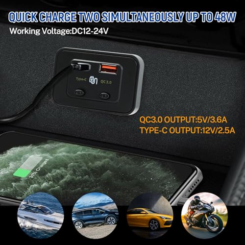 48W 12V 24V RV USB Outlet with Independent Dual Switch,30W PD QC3.0 Panel