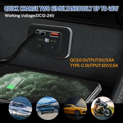48W 12V 24V RV USB Outlet with Independent Dual Switch,30W PD QC3.0 Panel