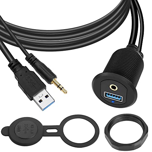 QIANRENON USB3.0 & 3.5mm Audio Threaded Fixed Embedded Car Waterproof Cable 5Gbps TRS 3.5mm & USB3.0 Dashboard Panel Mount Extension Cable, LED Lights, Al Housing, for Car Boat Motorbike,2M/6.5ft
