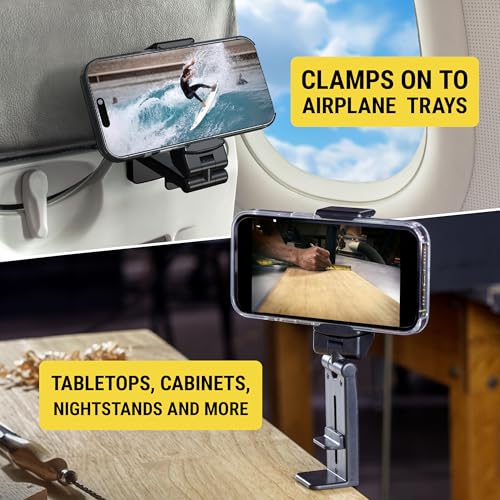 Scosche SUHTRVL-1 Airplane Travel Essentials Plane Phone Holder Mount for Long Flight, Foldable Cell Phone Stand for Desk, Seat Back, Tray Table or Tripod Compatible with Apple iPhone, Samsung Galaxy - style: Travel / Desk / Office