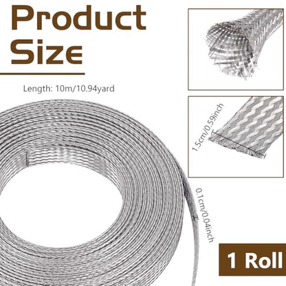 NBEADS 32.8ft 304 Stainless Steel Braided Cable Sleeve, 0.59 Inch Wide Stainless Steel Color Flat Tinned Braided Ground Wire Mesh, Flexible Shielding Sleeve for Cables - size: 32.8ft X 0.59 Inch