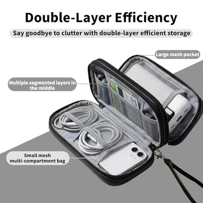 Leather Electronic Organizer Bag, Waterproof Travel Tech Pouch for Cord, Cable, Charger, Phone & Accessories (Black)