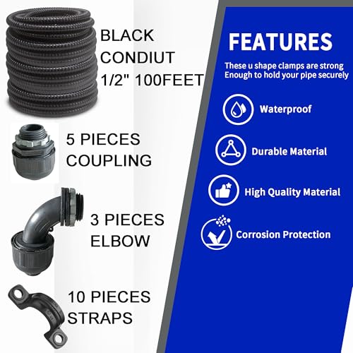 (1/2" Dia * 100 Feet) Yariwiz Black Special Extra Flexible Electrical Conduit Liquid Tight PVC Conduit Kit with 5 PCS Coupling, 5 PCS Elbow and 10 PCS Strap, Sealtight Seal Flex Liquidtight Wire - style: 1/2 inch-100ft-Kit