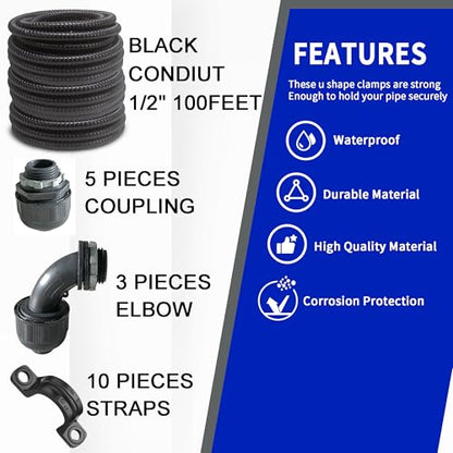 (1/2" Dia * 100 Feet) Yariwiz Black Special Extra Flexible Electrical Conduit Liquid Tight PVC Conduit Kit with 5 PCS Coupling, 5 PCS Elbow and 10 PCS Strap, Sealtight Seal Flex Liquidtight Wire - style: 1/2 inch-100ft-Kit