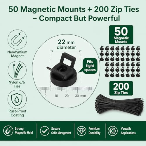 Magnetic Zip Tie Mounts 22mm, 50 Pack Cable Tie Mount Bases with 200 Zip Ties, Heavy Duty Cable Clips for Wire Management, Magnet Cord Holder Organizer for Desk, PC, Home Office