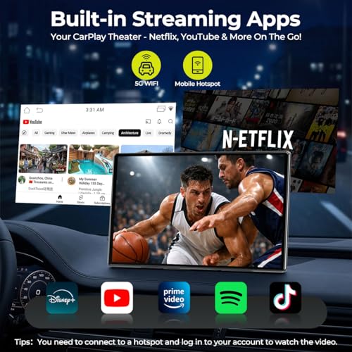 LAMTTO 9" Apple CarPlay Screen with Backup Camera & Streaming Apps