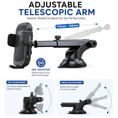 Wireless City Car Phone Holder, Ultra Stable, Big Phones & Thick Case Friendly, Adjustable Long Arm Cell Phone Holder for Car Dashboard Windshield Car Mount