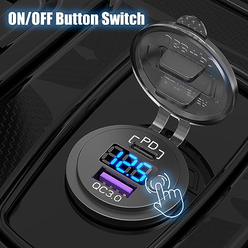 Hapytrip 12V USB C Car Charger Socket, 38W PD 3.0 & QC 3.0 Car USB Port, Waterproof 12 Volt USB Outlet with Power Switch Voltmeter for Car Marine Truck RV - color: Plastic