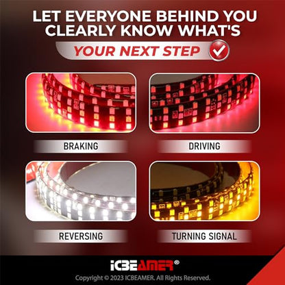 ICBEAMER Triple Row 60 inch 504 pcs LED for Pick up/Truck Tailgate Light Bar Side Bed Light Strip Bar IP67 Waterproof Reverse- 6 Functions Tail/Brake/Sequential/Turn Signals/Reverse/Flashing Lights - size: 60" Triple Rows