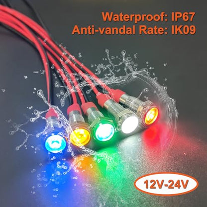 10Pcs 6mm (1/4") LED Indicator Light 12V-24V 20mA Waterproof Metal Wide Flat Head Signal Lamp Pilot Dash Directional with Wire (White Red Yellow Blue Green)*2 - color: Mix, size: 6mm / 12V-24V