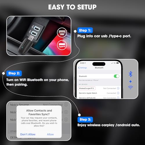 Wireless Apple CarPlay Adapter for iPhone: Mini Bluetooth Android Auto Car Dongle with USB-A Type-C