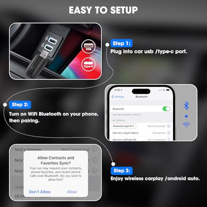 Wireless Apple CarPlay Adapter for iPhone: Mini Bluetooth Android Auto Car Dongle with USB-A Type-C