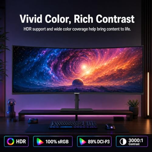 Deco Gear 49 Inch Curved Monitor, 3840x1080 Ultrawide Gaming WDFHD Screen, 144Hz, 32:9, 3ms, 3000:1 VA Display, HDR400, Adaptive Sync, USB-C 65W, HDMI, PIP/PBP, KVM, 1800R, Office & Workstation Setup - size: 49 inch